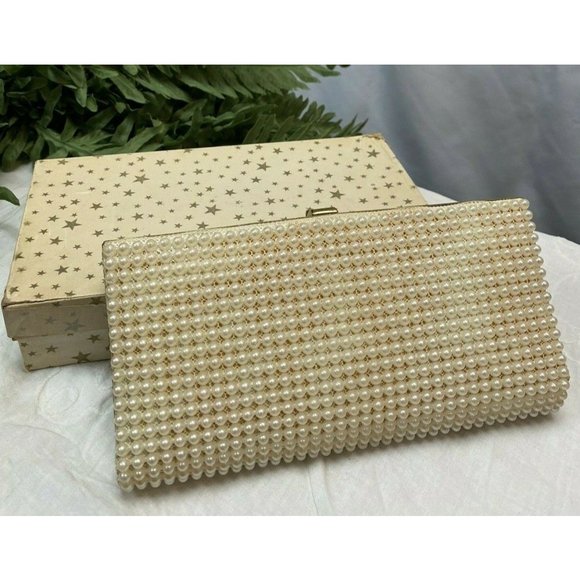 Vintage JR Julius Resnick USA Faux Pearl Beaded Clutch Purse 8" x 4" - Picture 1 of 11